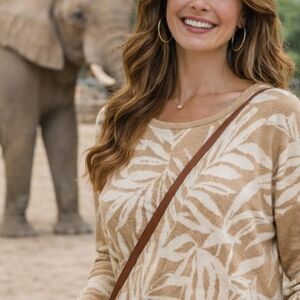 Tommy Bahama Tan and Cream Tropical Leaf Knit Top S/P